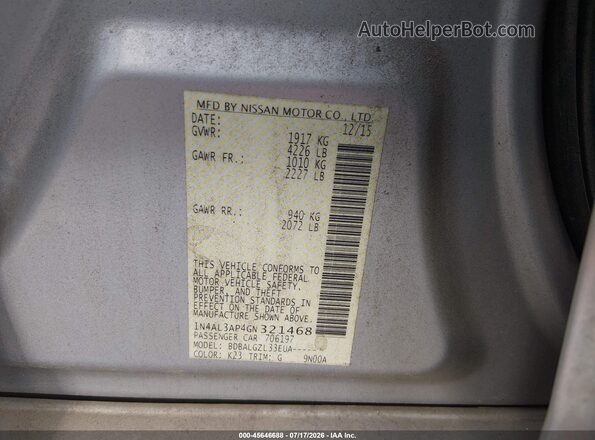 1N4AL3AP4GN321468 2016 NISSAN ALTIMA Silver ძრავის განყოფილების ხედი