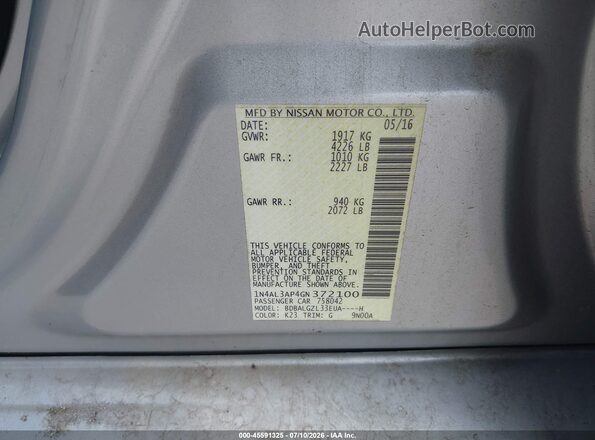 1N4AL3AP4GN372100 2016 NISSAN ALTIMA Серебряный Вид подкапотного пространства