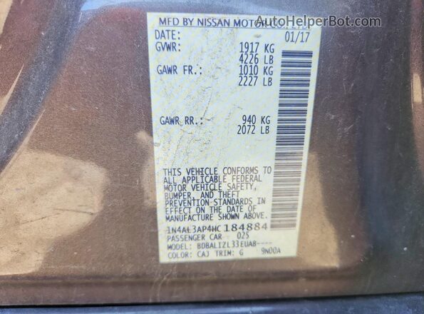 1N4AL3AP4HC184884 2017 NISSAN ALTIMA Gray Vista de la etiqueta del VIN
