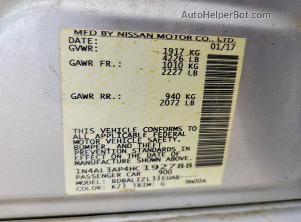 1N4AL3AP4HC192788 2017 NISSAN ALTIMA Silver Вид підкапотного простору