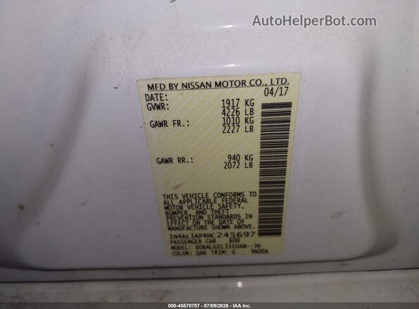 1N4AL3AP4HC245697 2017 NISSAN ALTIMA White Widok komory silnika