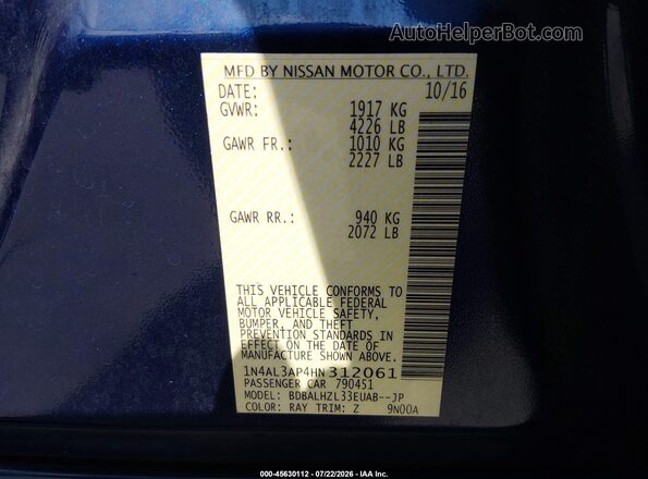 1N4AL3AP4HN312061 2017 NISSAN ALTIMA Blue Вид підкапотного простору