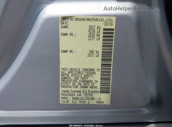 1N4AL3AP4HN315400 2017 NISSAN ALTIMA Silver Vista del compartimento del motor
