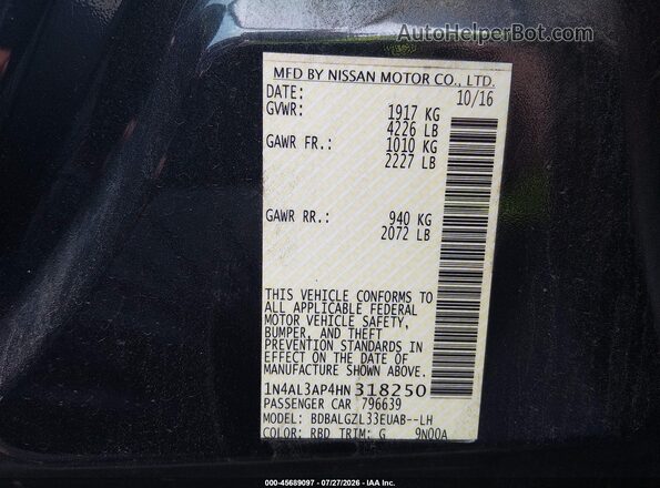1N4AL3AP4HN318250 2017 NISSAN ALTIMA Black Вид підкапотного простору