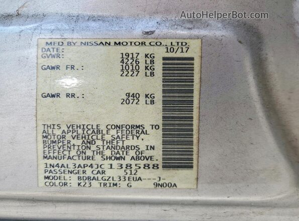 1N4AL3AP4JC138588 2018 NISSAN ALTIMA Silver ძრავის განყოფილების ხედი