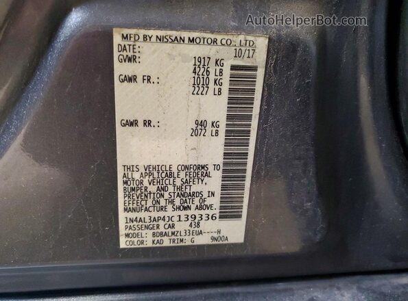1N4AL3AP4JC139336 2018 NISSAN ALTIMA Серый Вид подкапотного пространства