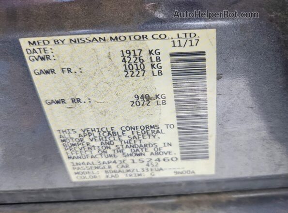 1N4AL3AP4JC152460 2018 NISSAN ALTIMA Gray Widok naklejki z numerem VIN
