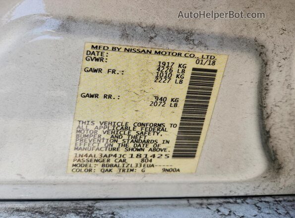 1N4AL3AP4JC181425 2018 NISSAN ALTIMA Белый Вид наклейки с VIN-кодом