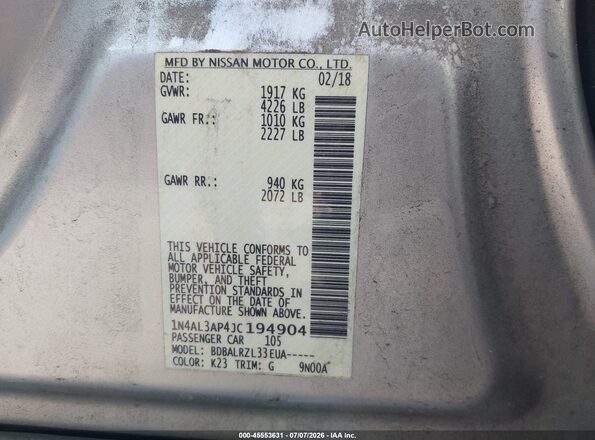 1N4AL3AP4JC194904 2018 NISSAN ALTIMA Silver Շարժիչի բաժամունքի տեսք