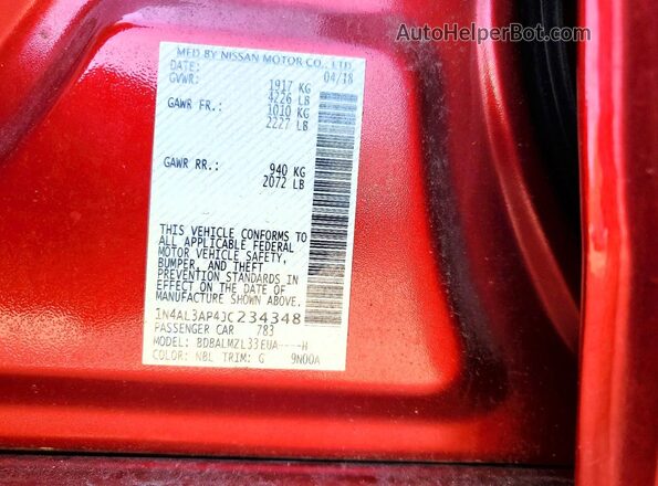 1N4AL3AP4JC234348 2018 NISSAN ALTIMA Red Вид підкапотного простору
