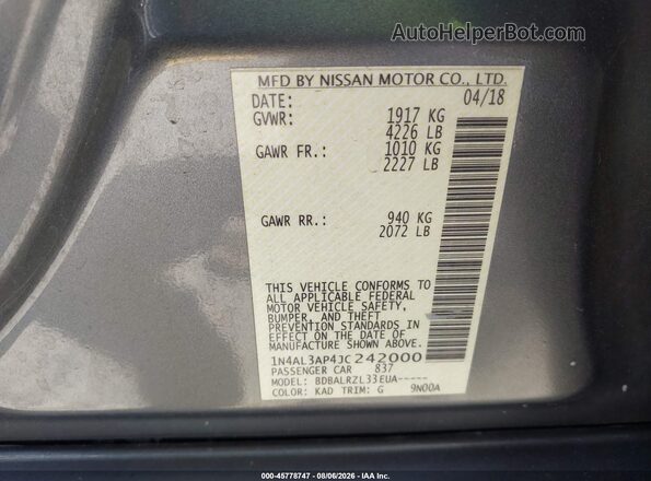 1N4AL3AP4JC242000 2018 NISSAN ALTIMA Серый Вид подкапотного пространства