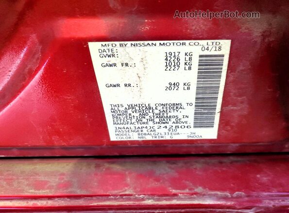 1N4AL3AP4JC242806 2018 NISSAN ALTIMA Red Vista del compartimento del motor