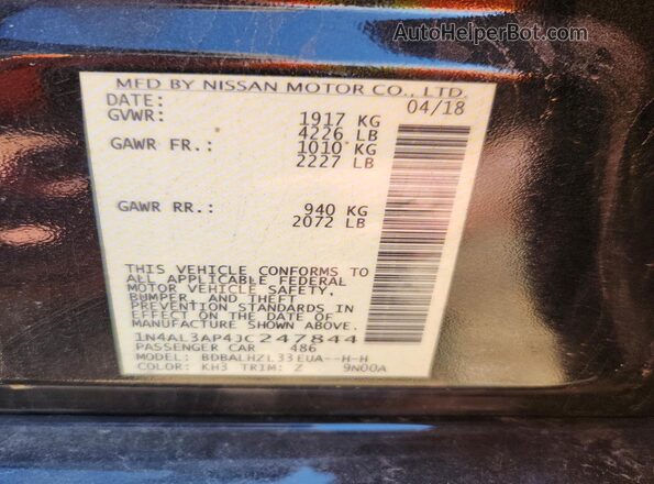 1N4AL3AP4JC247844 2018 NISSAN ALTIMA Black Widok naklejki z numerem VIN