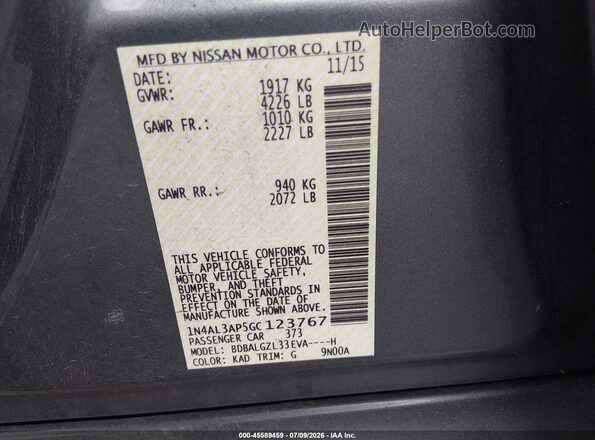1N4AL3AP5GC123767 2016 NISSAN ALTIMA Gray Շարժիչի բաժամունքի տեսք