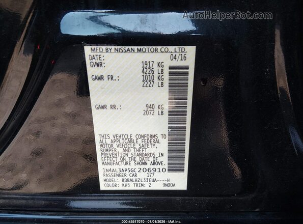 1N4AL3AP5GC206910 2016 NISSAN ALTIMA Black Widok komory silnika