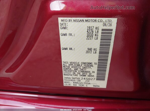 1N4AL3AP5GC245027 2016 NISSAN ALTIMA Burgundy Вид підкапотного простору