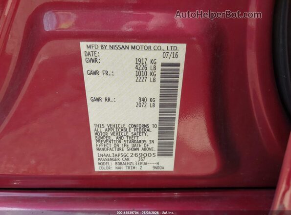1N4AL3AP5GC269005 2016 NISSAN ALTIMA Темно-бордовый Вид подкапотного пространства