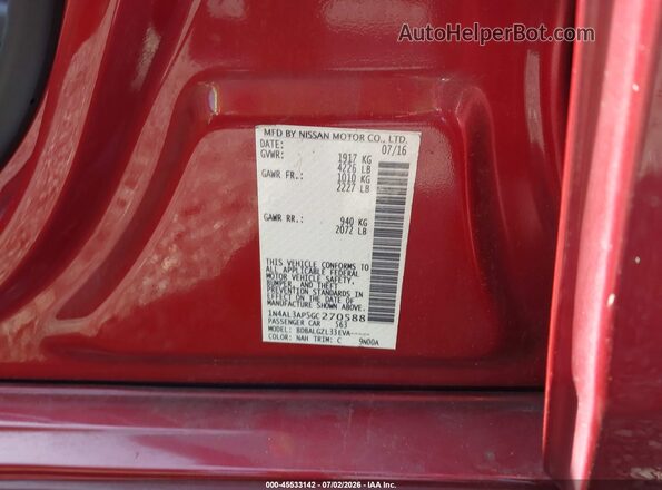 1N4AL3AP5GC270588 2016 NISSAN ALTIMA Red Շարժիչի բաժամունքի տեսք