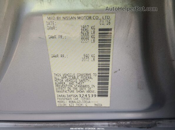 1N4AL3AP5GN324539 2016 NISSAN ALTIMA Silver Vista del compartimento del motor