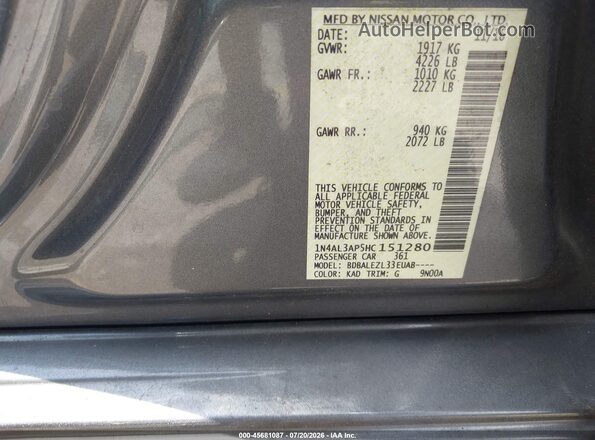 1N4AL3AP5HC151280 2017 NISSAN ALTIMA Gray Vista del compartimento del motor