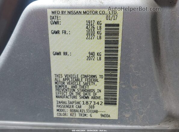 1N4AL3AP5HC187342 2017 NISSAN ALTIMA Gray Շարժիչի բաժամունքի տեսք