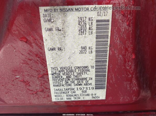 1N4AL3AP5HC197319 2017 NISSAN ALTIMA Red Вид підкапотного простору
