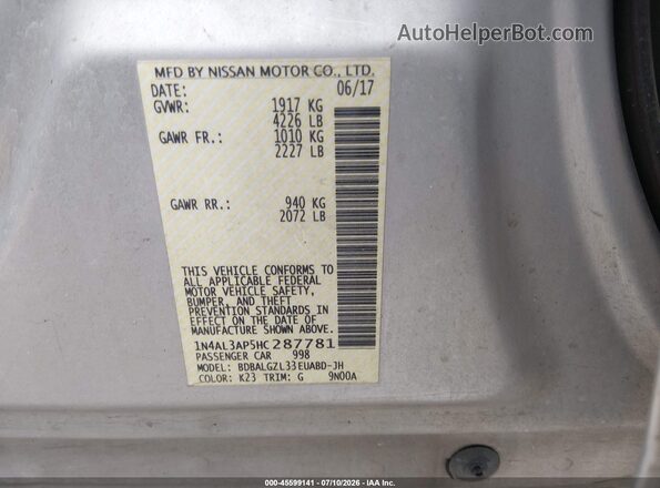 1N4AL3AP5HC287781 2017 NISSAN ALTIMA Серебряный Вид подкапотного пространства