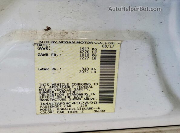 1N4AL3AP5HC492890 2017 NISSAN ALTIMA White Widok naklejki z numerem VIN