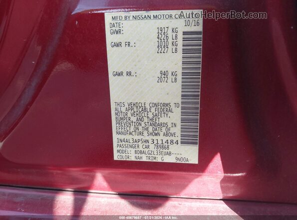 1N4AL3AP5HN311484 2017 NISSAN ALTIMA Red Շարժիչի բաժամունքի տեսք