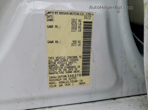 1N4AL3AP5HN346378 2017 NISSAN ALTIMA White VIN კოდის სტიკერის ხედი