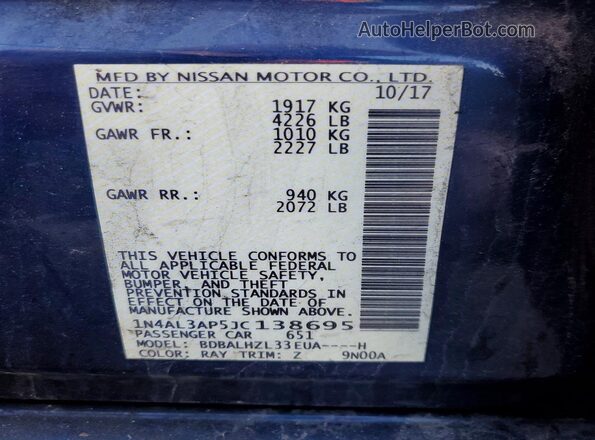 1N4AL3AP5JC138695 2018 NISSAN ALTIMA Blue Vista del compartimento del motor