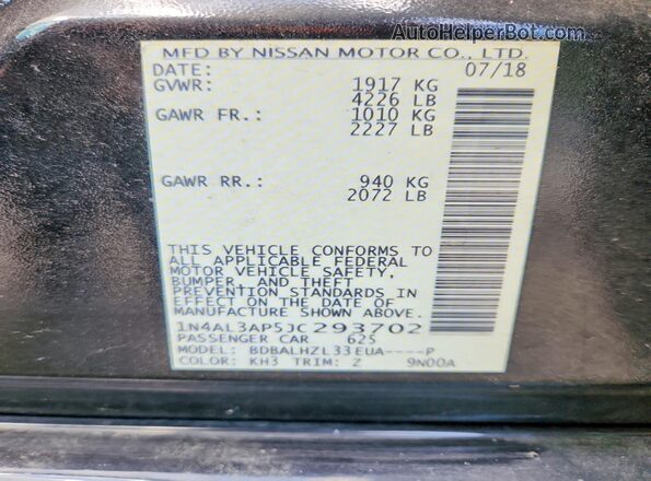 1N4AL3AP5JC293702 2018 NISSAN ALTIMA Black VIN sticker view