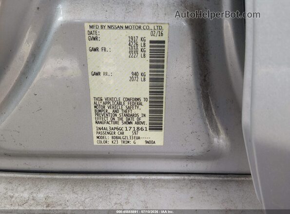 1N4AL3AP6GC171861 2016 NISSAN ALTIMA Silver ძრავის განყოფილების ხედი