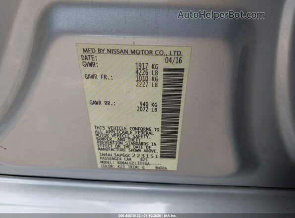 1N4AL3AP6GC223151 2016 NISSAN ALTIMA Silver Вид підкапотного простору