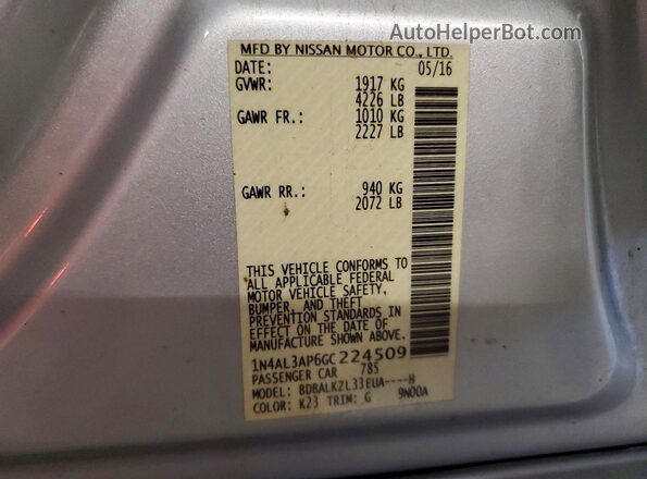 1N4AL3AP6GC224509 2016 NISSAN ALTIMA Silver Vista del compartimento del motor