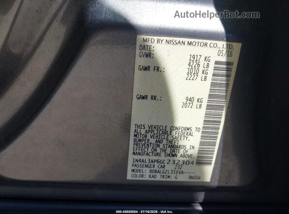 1N4AL3AP6GC232304 2016 NISSAN ALTIMA Gray ძრავის განყოფილების ხედი