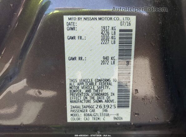 1N4AL3AP6GC263925 2016 NISSAN ALTIMA Серый Вид подкапотного пространства