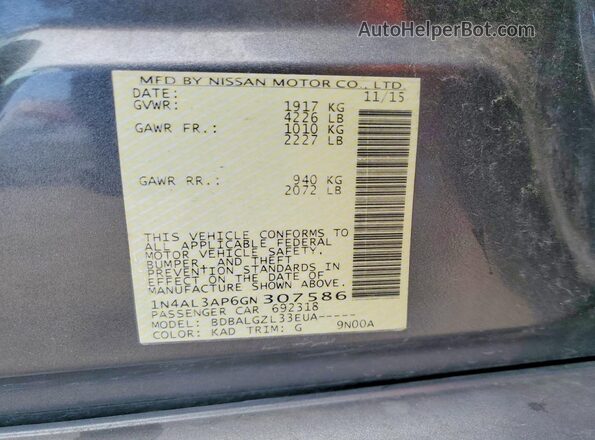 1N4AL3AP6GN307586 2016 NISSAN ALTIMA Charcoal Vista del compartimento del motor