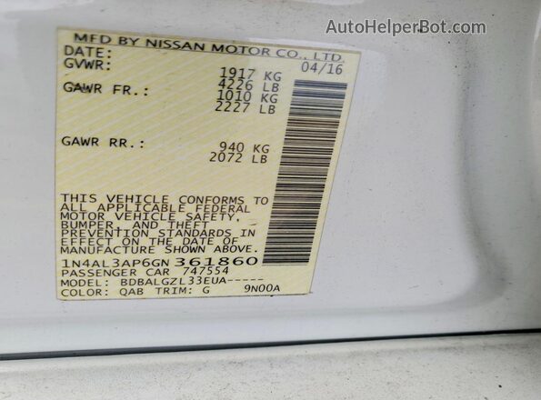 1N4AL3AP6GN361860 2016 NISSAN ALTIMA White Вид підкапотного простору