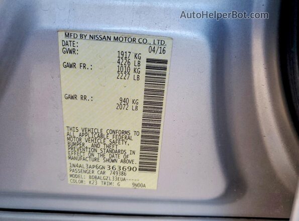 1N4AL3AP6GN363690 2016 NISSAN ALTIMA Silver Widok komory silnika