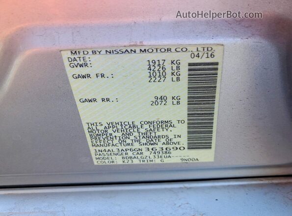 1N4AL3AP6GN363690 2016 NISSAN ALTIMA Silver ძრავის განყოფილების ხედი