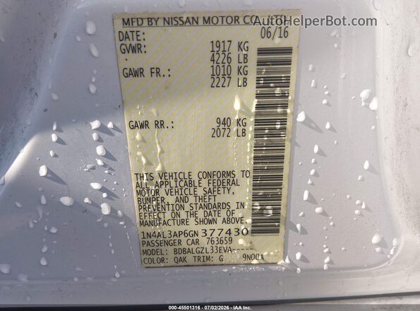1N4AL3AP6GN377430 2016 NISSAN ALTIMA White ძრავის განყოფილების ხედი