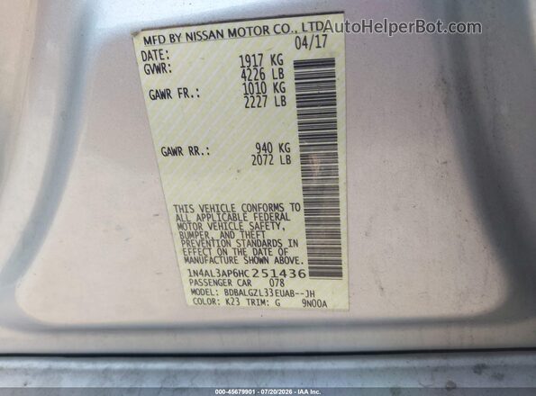 1N4AL3AP6HC251436 2017 NISSAN ALTIMA Серебряный Вид подкапотного пространства