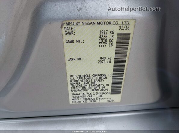 1N4AL3AP7GC154969 2016 NISSAN ALTIMA Silver Vista del compartimento del motor