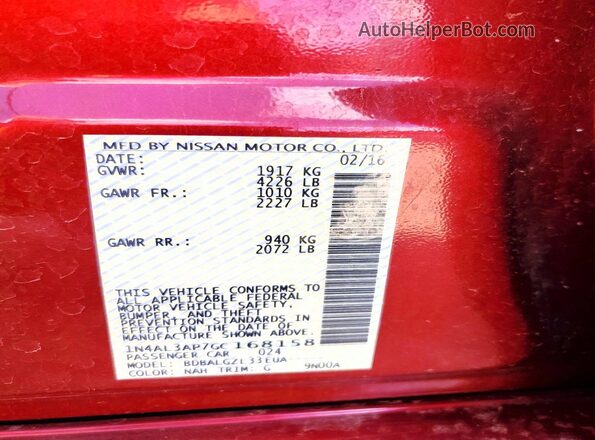 1N4AL3AP7GC168158 2016 NISSAN ALTIMA Maroon VIN sticker view
