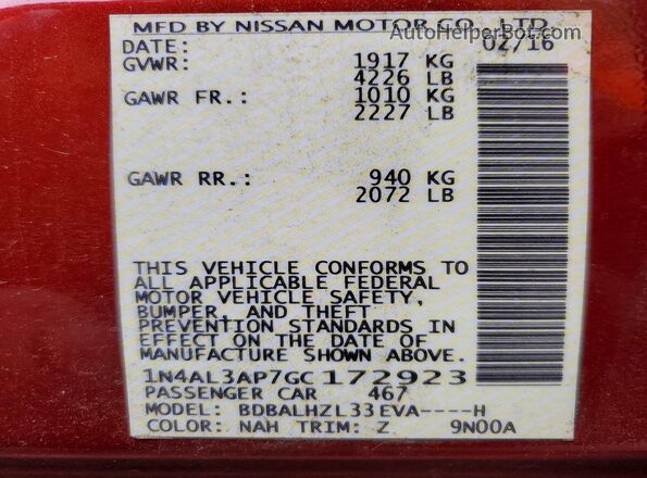 1N4AL3AP7GC172923 2016 NISSAN ALTIMA Red VIN sticker view