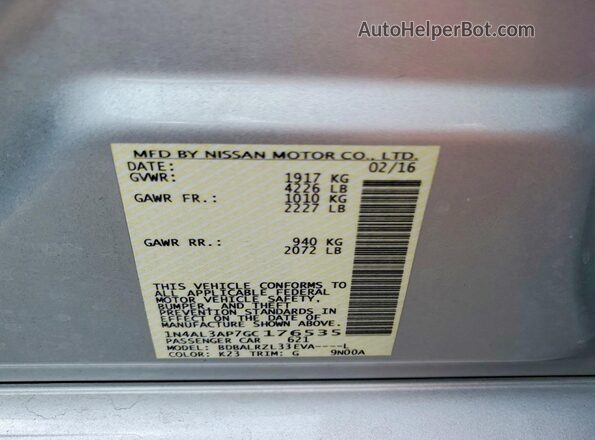 1N4AL3AP7GC176535 2016 NISSAN ALTIMA Silver Vista del compartimento del motor