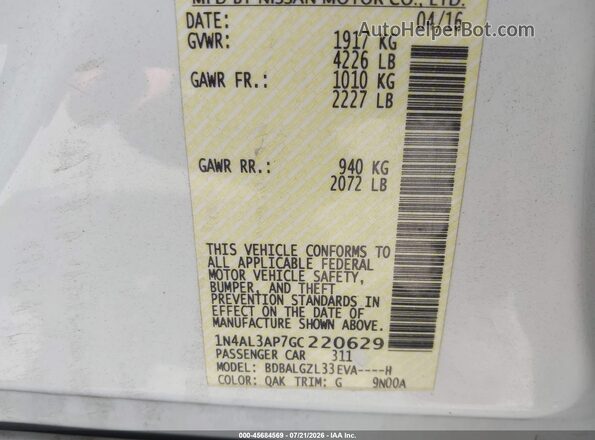 1N4AL3AP7GC220629 2016 NISSAN ALTIMA White Widok komory silnika