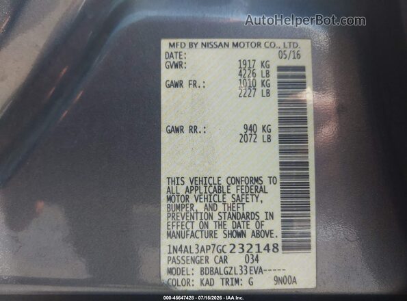 1N4AL3AP7GC232148 2016 NISSAN ALTIMA Gray Vista del compartimento del motor