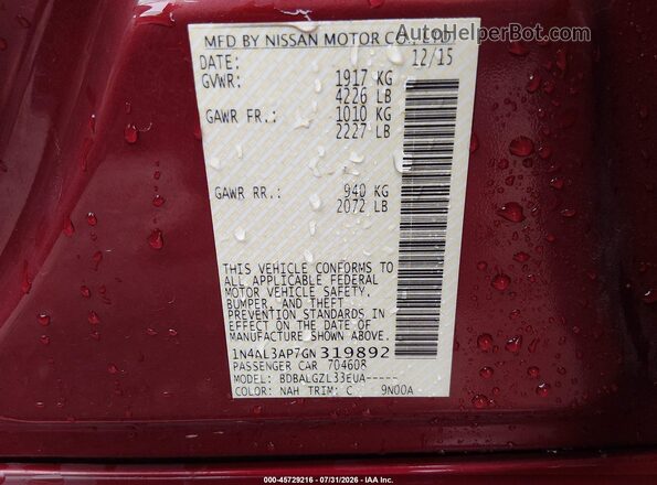 1N4AL3AP7GN319892 2016 NISSAN ALTIMA Red Вид підкапотного простору